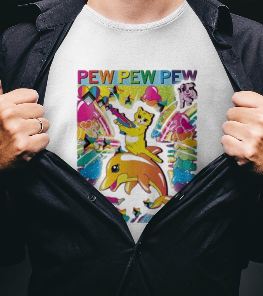 Pew Pew Pew Colorful Cat Dolphin Alien Rainbow T-Shirt