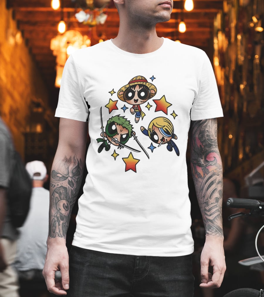 Luffy Zoro Sanji Fusion One Piece Powerpuff Girls Crossover Cute Anime Stars T-Shirt