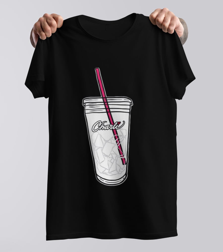Charli Iced Coffee Cup Pink Straw Sketch T-Shirt