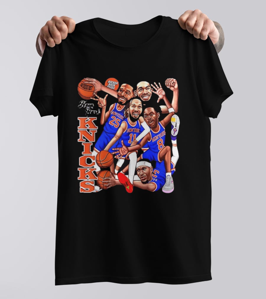 New York Knicks Starting Five 2026 Caricature Dunk Basketball Hoops T-Shirt