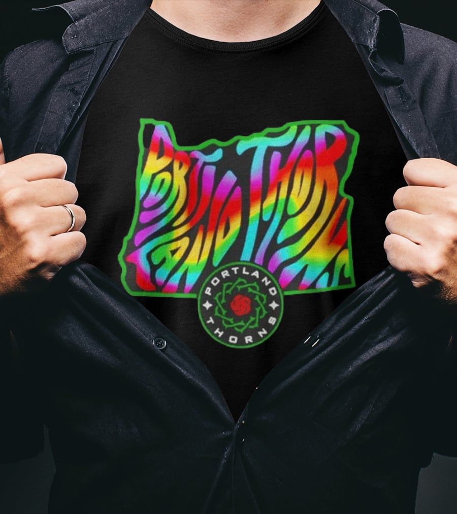 Portland Thorns Groovy Pride State Oregon Map Rainbow T-Shirt