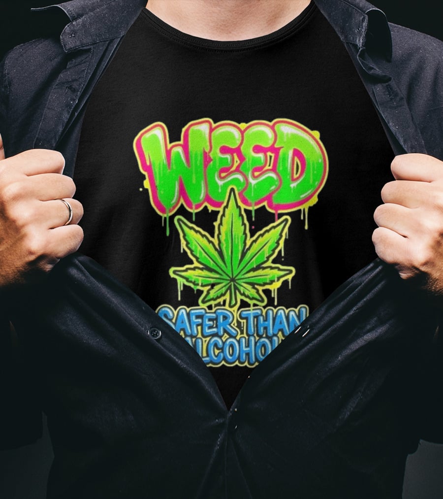 Weed Safer Than Alcohol Leaf Bright Graffiti T-Shirt