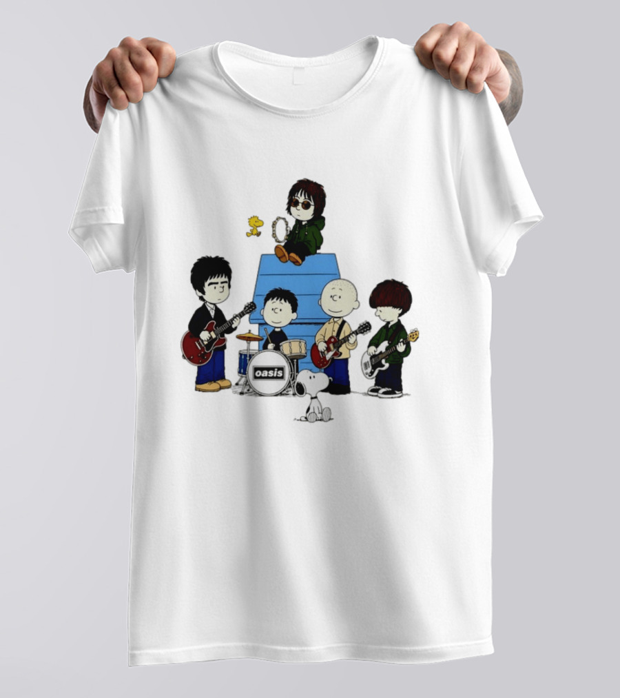 Snoopy Peanuts Oasis Band Cartoon Woodstock Drums Guitars T-Shirt