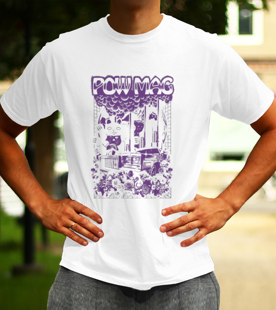 Powell Mag Cat Skateboarding Graphic With Floral Accents T-Shirt