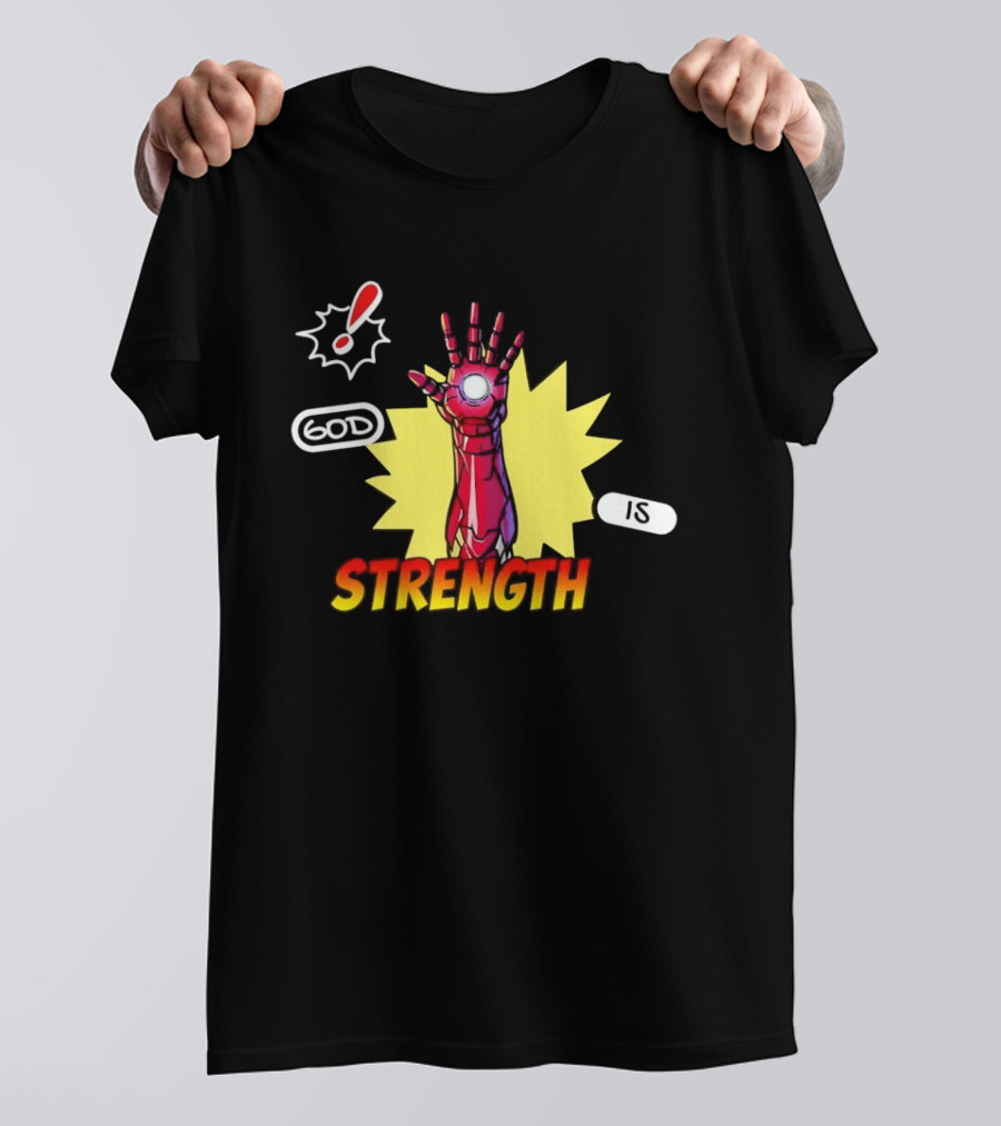Iron Man God Is Strength Exclamation Comic Style Burst T-Shirt