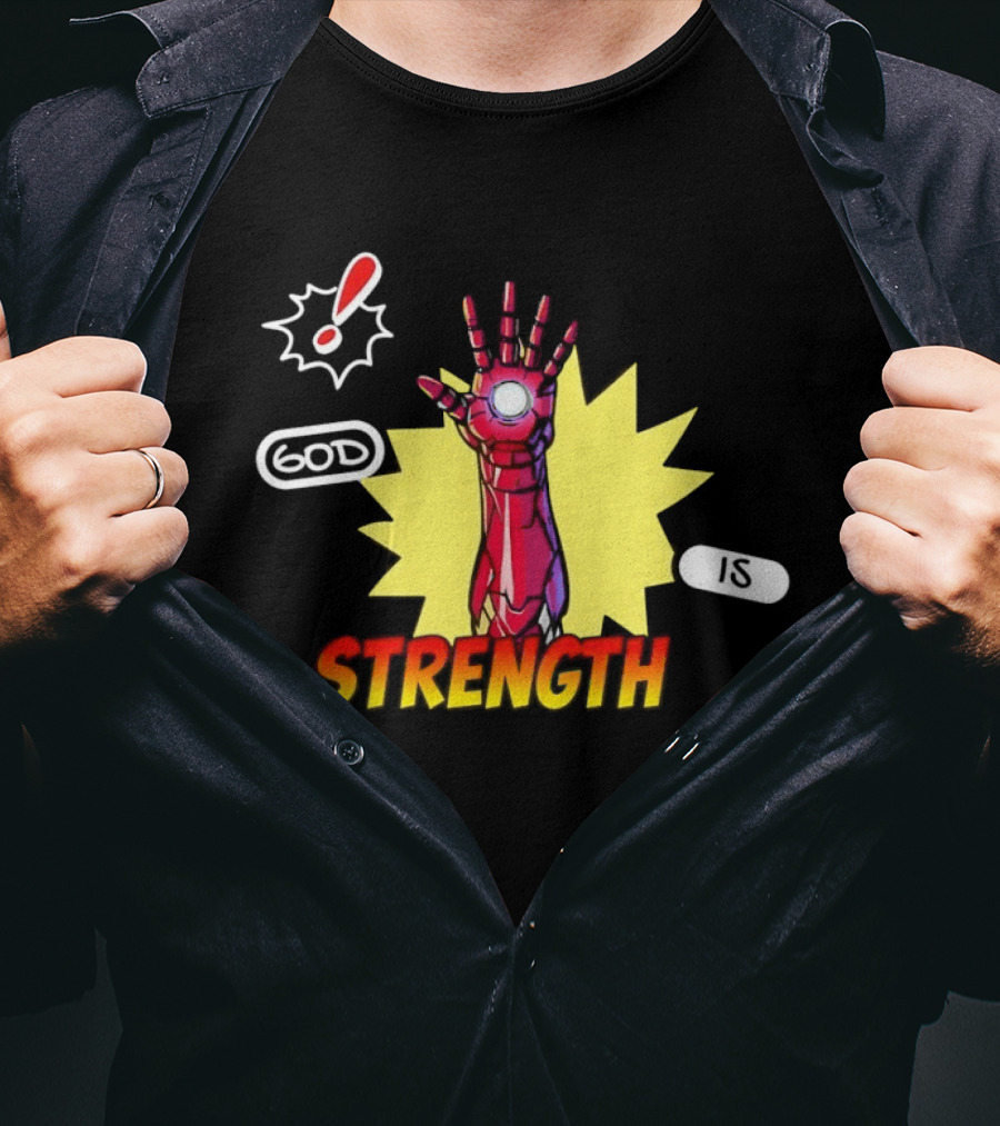 Iron Man God Is Strength Exclamation Comic Style Burst T-Shirt
