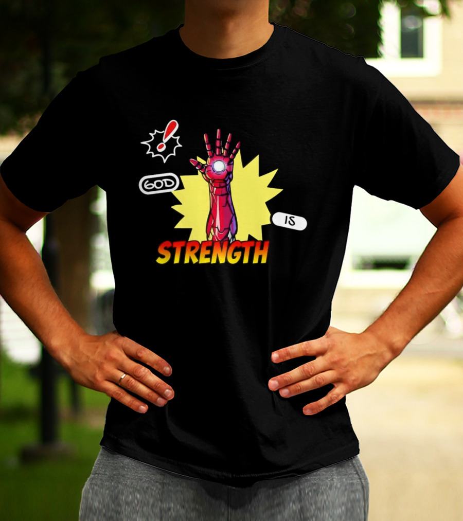 Iron Man God Is Strength Exclamation Comic Style Burst T-Shirt