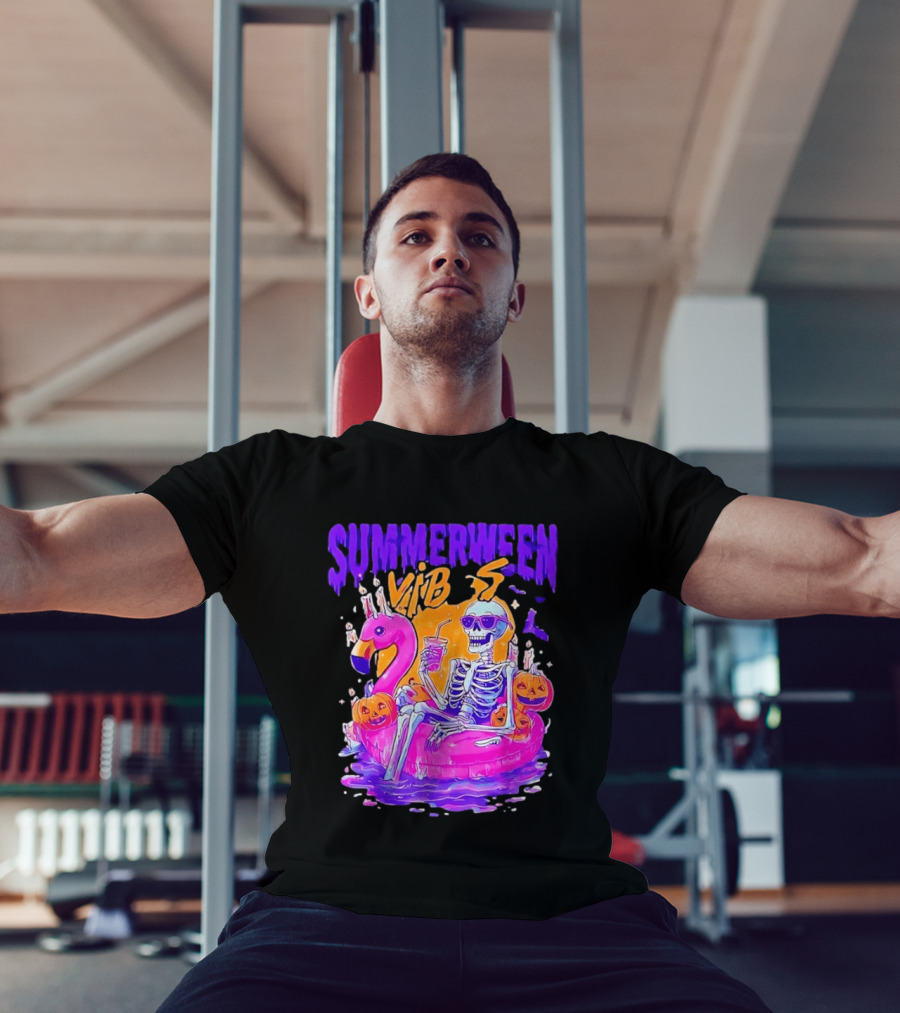 Summerween Vibes Skeleton On Flamingo With Pumpkins T-Shirt