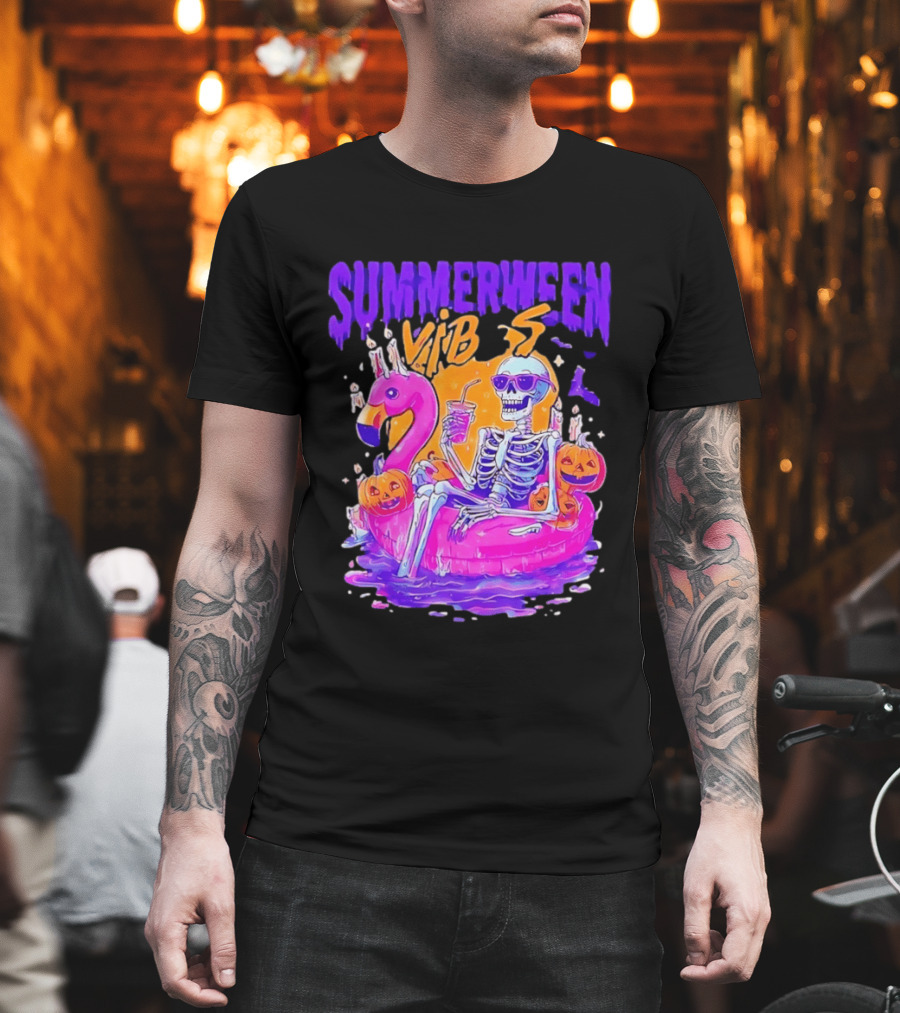 Summerween Vibes Skeleton On Flamingo With Pumpkins T-Shirt