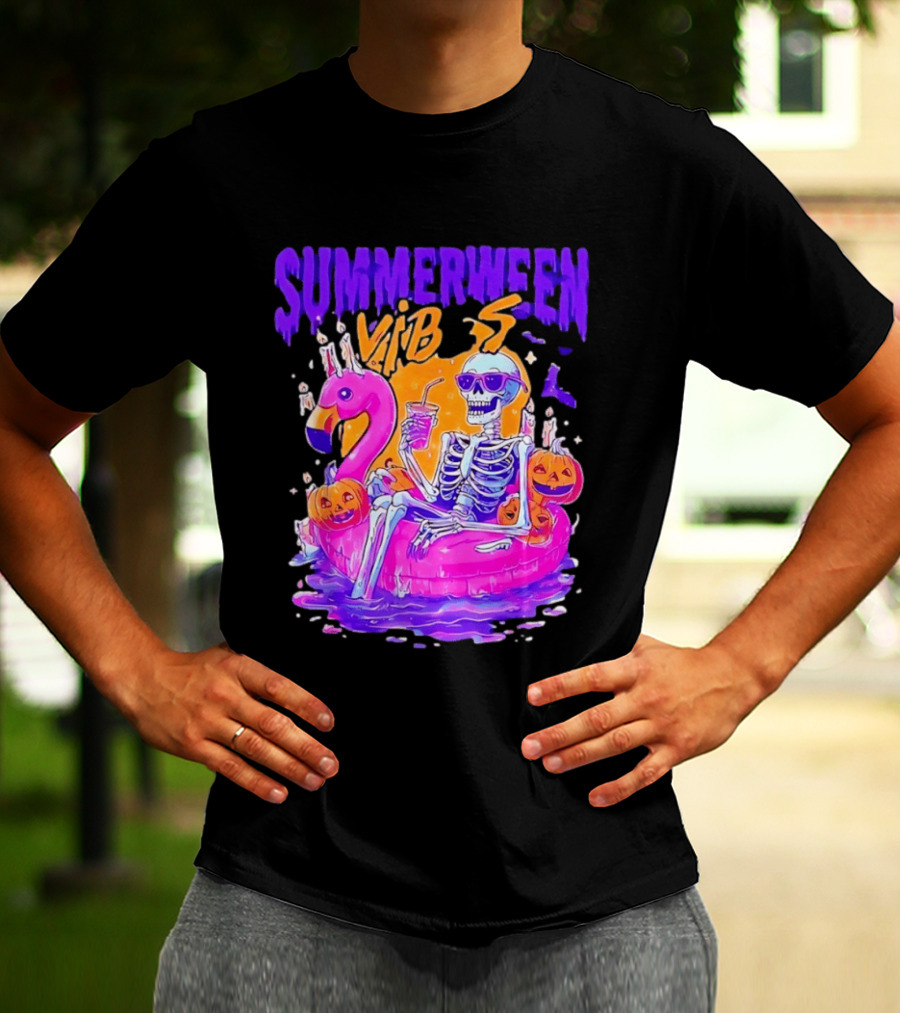 Summerween Vibes Skeleton On Flamingo With Pumpkins T-Shirt