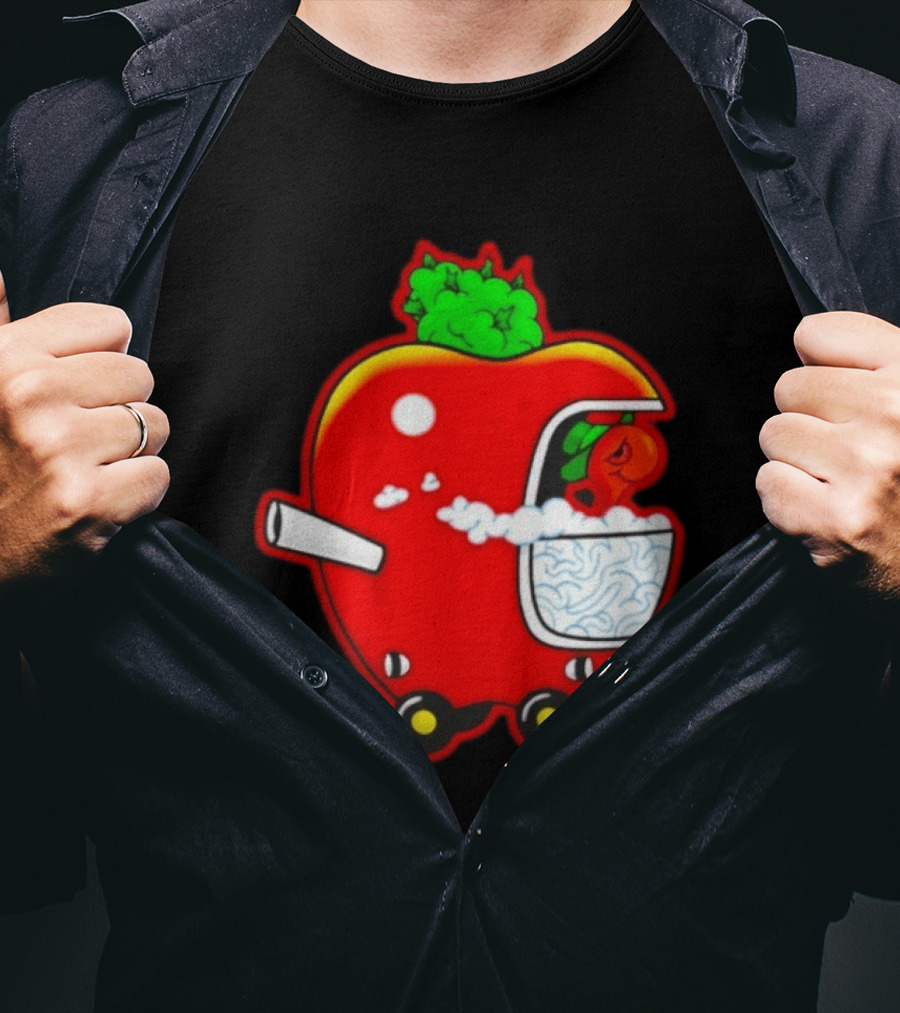 Smokey Worm Apple Cartoon Red Apple With Smoke And Wheels T-Shirt