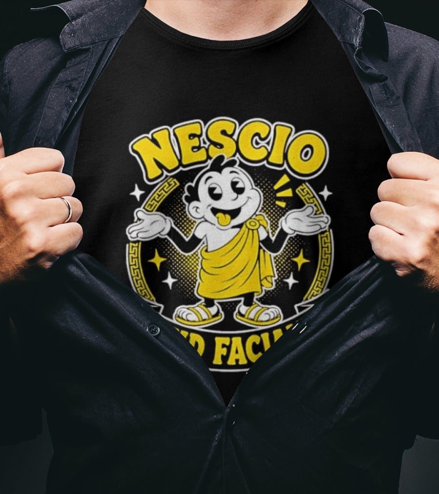 Nescio Quid Faciam Cartoon Ancient Roman Character Greek Key Border T-Shirt
