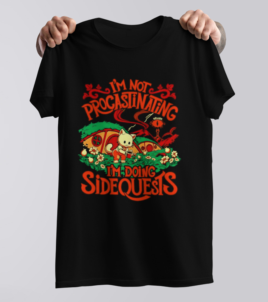 I'm Not Procrastinating I'm Doing Side Quests Cute Cat Adventure Scene T-Shirt