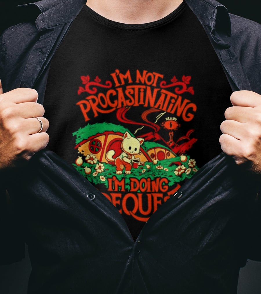 I'm Not Procrastinating I'm Doing Side Quests Cute Cat Adventure Scene T-Shirt