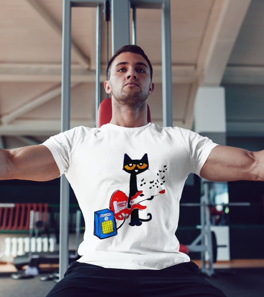 Pete The Cat Playing Red Guitar With Volume Amplifier Music Notes T-Shirt