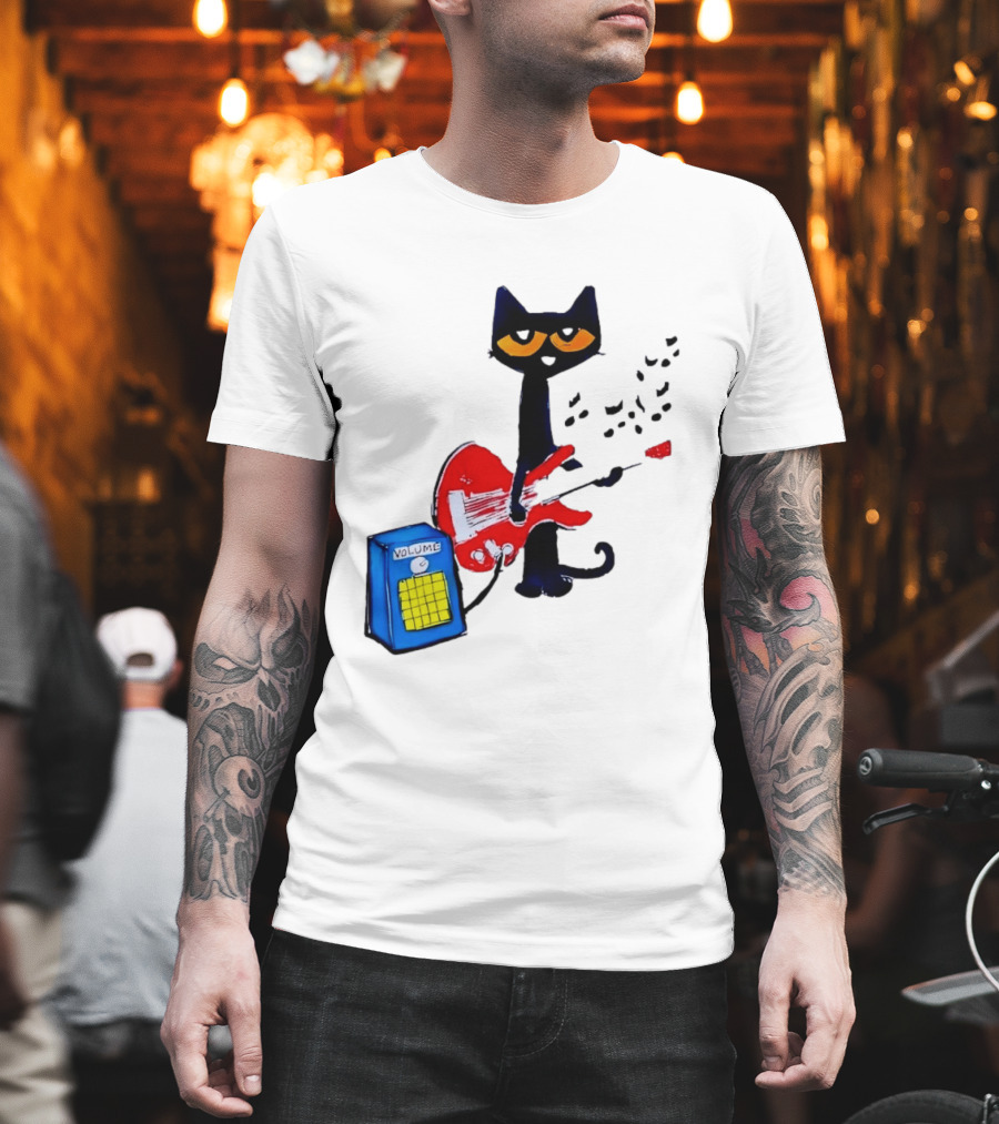 Pete The Cat Playing Red Guitar With Volume Amplifier Music Notes T-Shirt