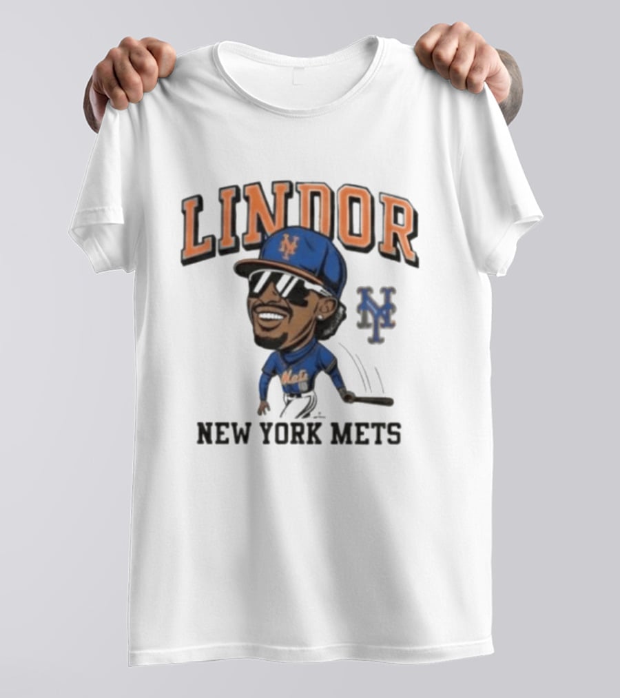 Lindor New York Mets 26 Caricature Baseball Player With Cap T-Shirt