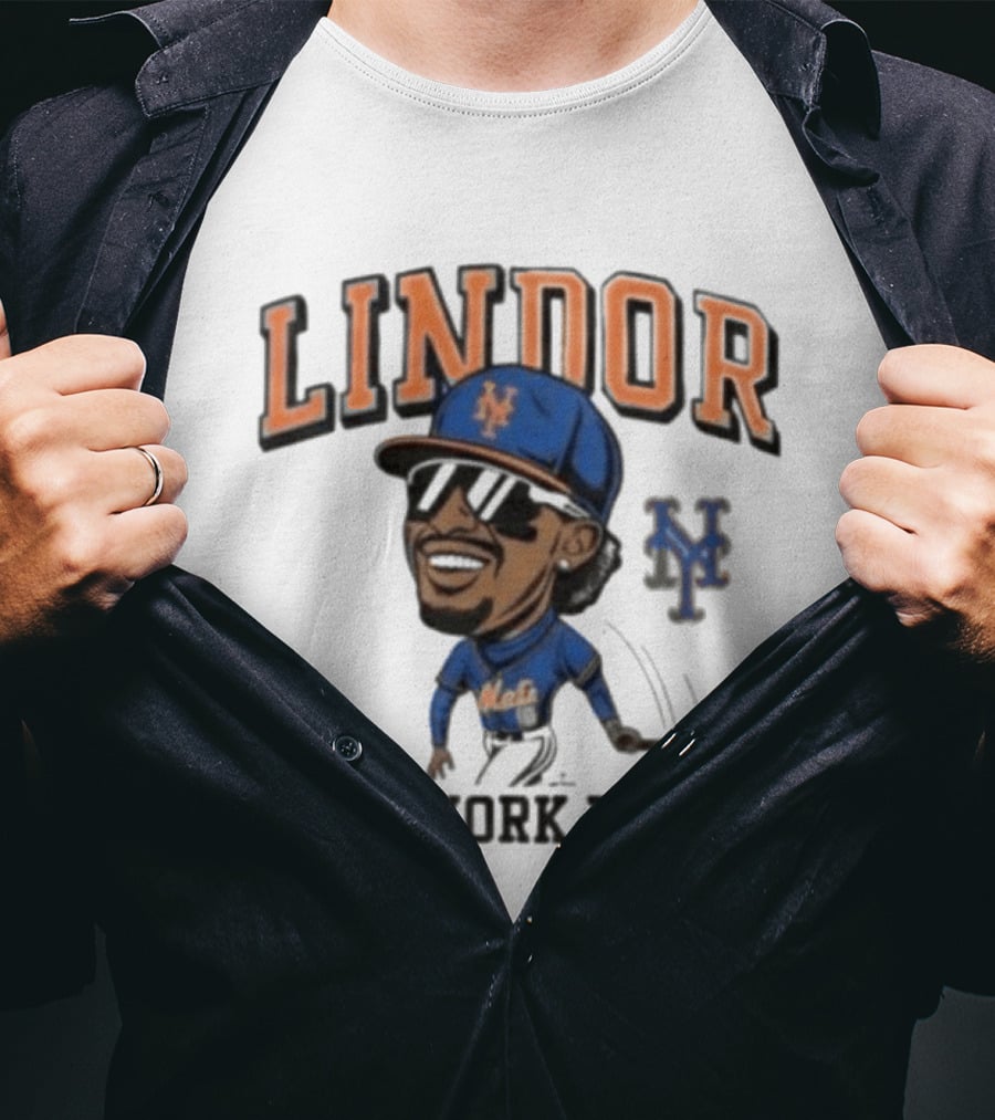 Lindor New York Mets 26 Caricature Baseball Player With Cap T-Shirt