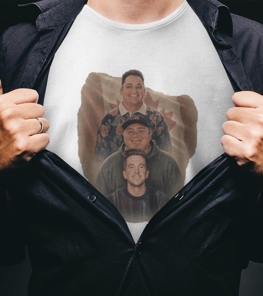 Three Smiling Men David Moss Devin Olsen Canadian Pride Flag T-Shirt