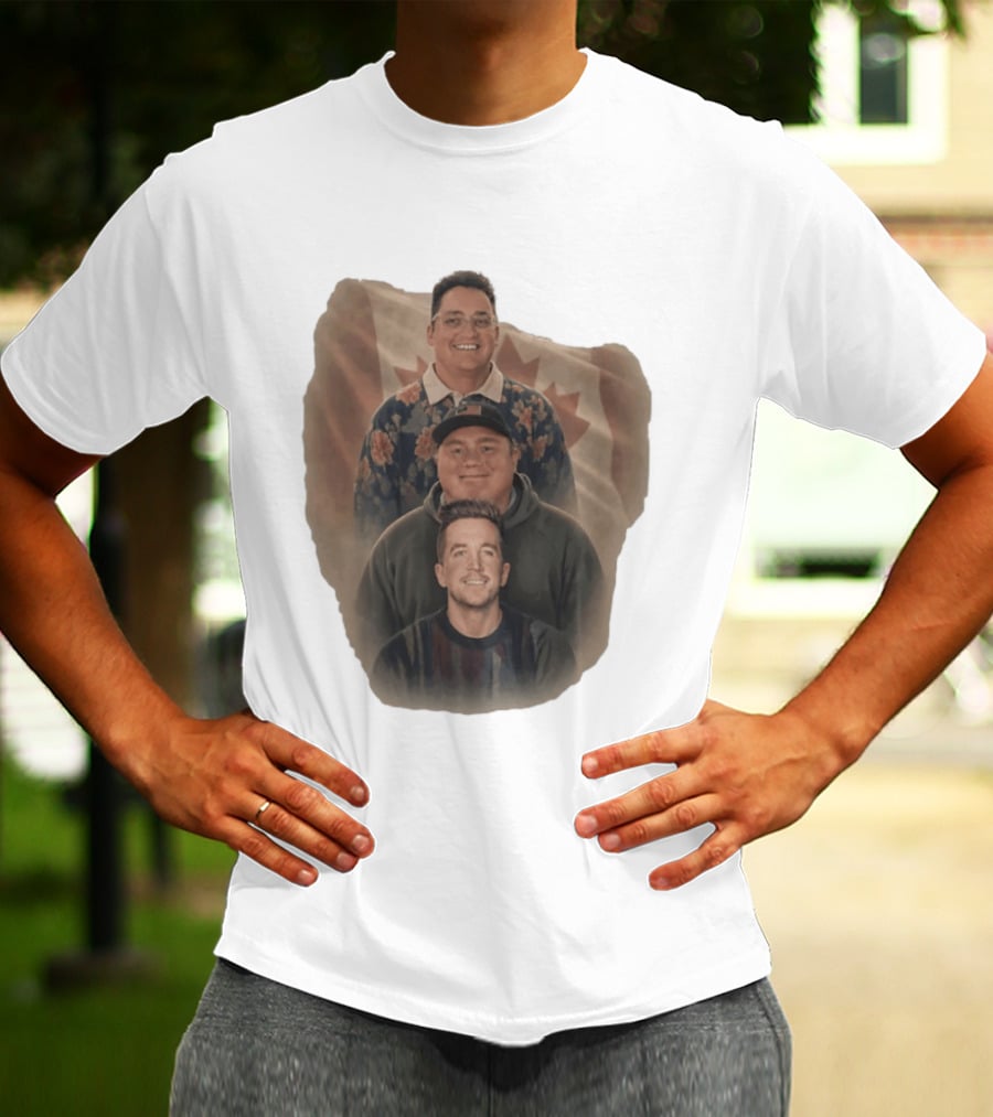 Three Smiling Men David Moss Devin Olsen Canadian Pride Flag T-Shirt