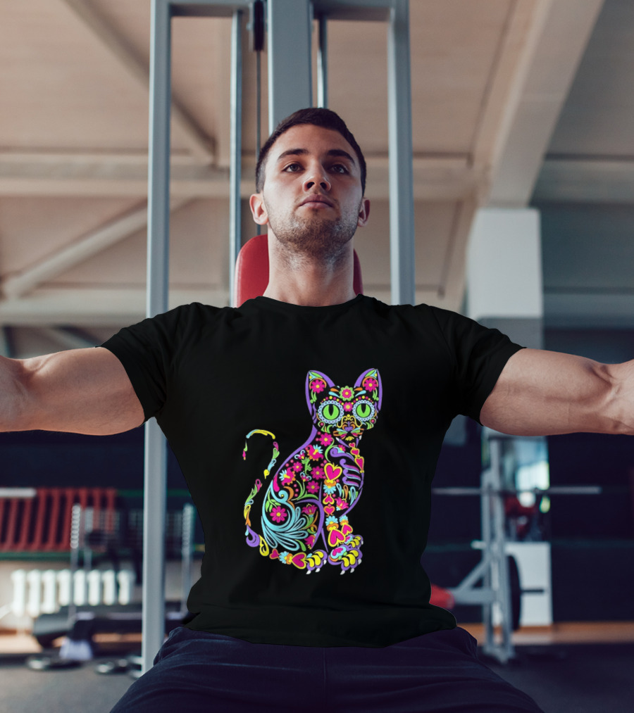 Sugar Skull Cat With Vibrant Floral T-Shirt