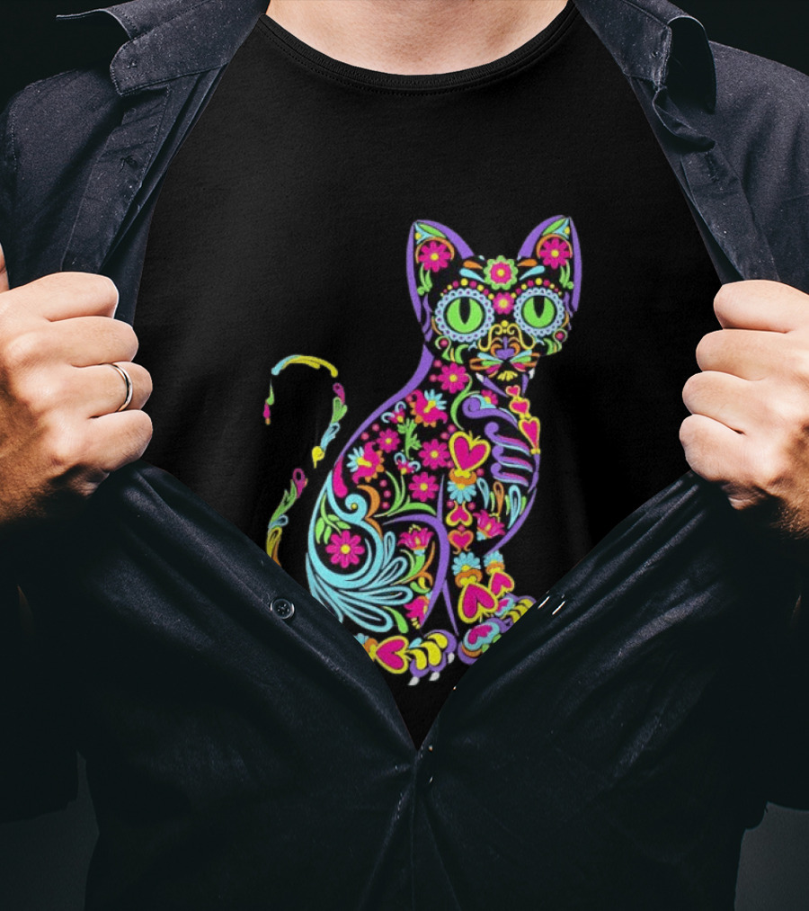 Sugar Skull Cat With Vibrant Floral T-Shirt