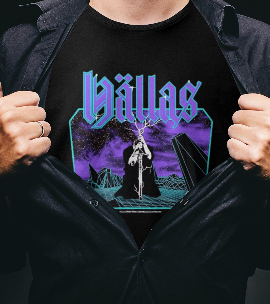 Hallas Electric Quest Sword Lightning Venture Rocks Purple Sky T-Shirt