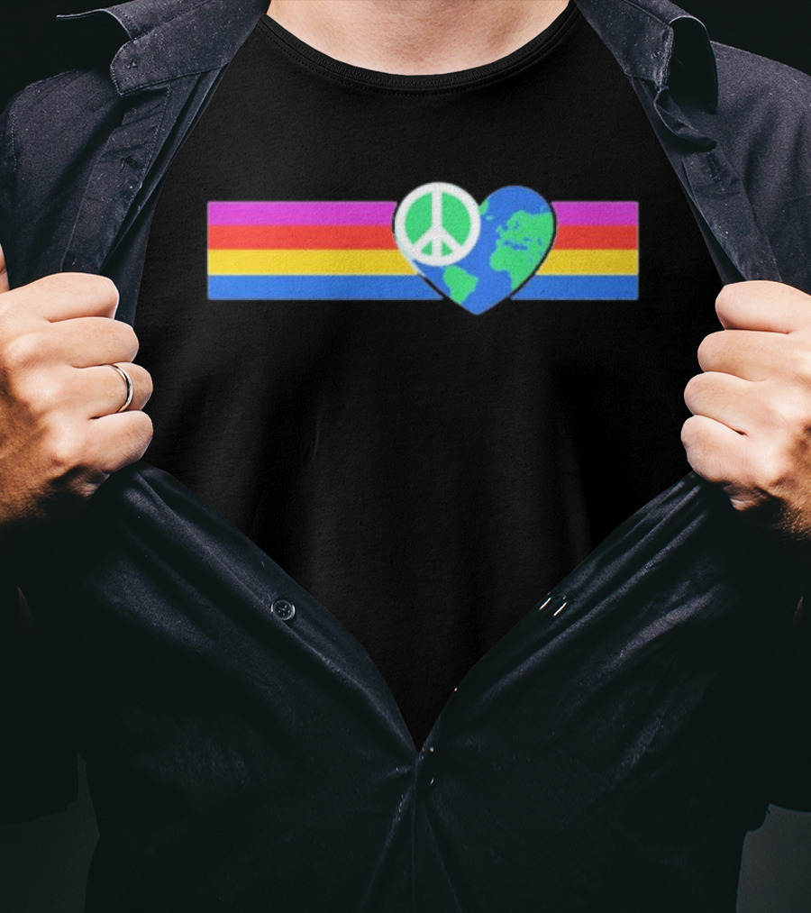 Rainbow Peace Symbol With Earth Heart Shape In Multicolor T-Shirt