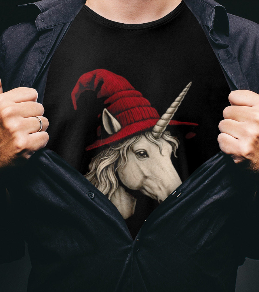 Unicorn With Red Wizard Witch Hat Beanie T-Shirt