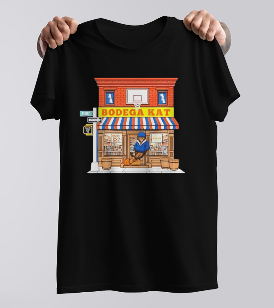 Bodega KAT New York Knicks Basketball Street Scene Purr Street Sign T-Shirt