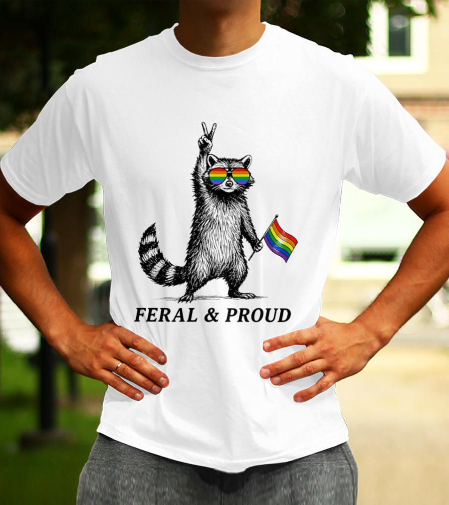 Feral And Proud Raccoon Peace Sign Rainbow Sunglasses Flag T-Shirt
