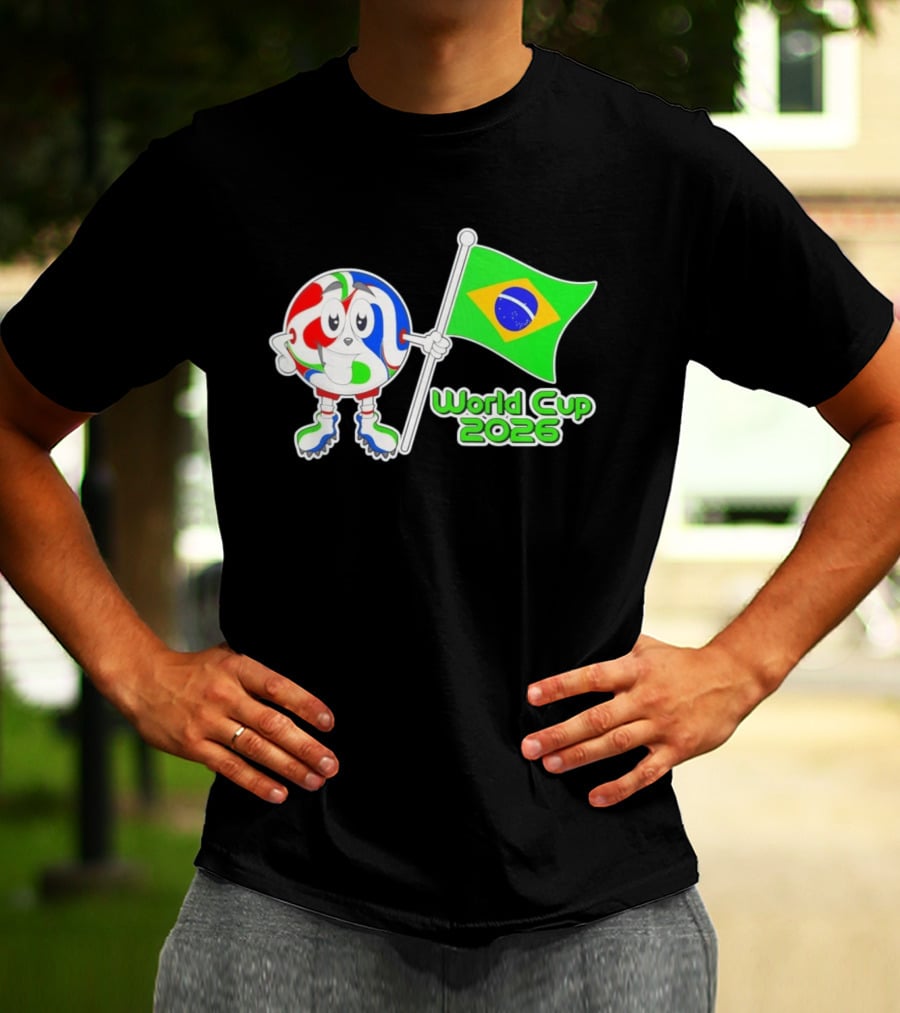 World Cup 2026 Cartoon Character With Brazil Flag Soccer Ball T-Shirt