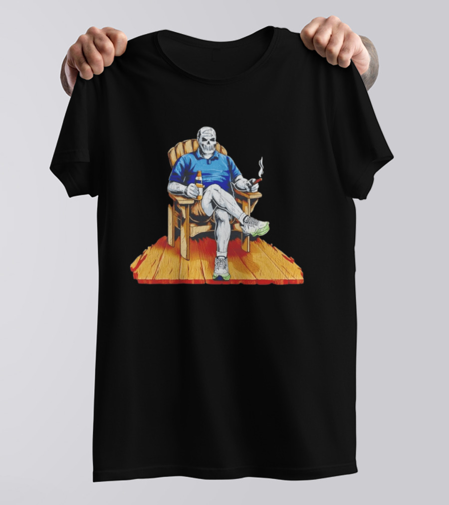 DarthBeards Skull Sitting In A Lawn Chair With Beer And Cigar T-Shirt