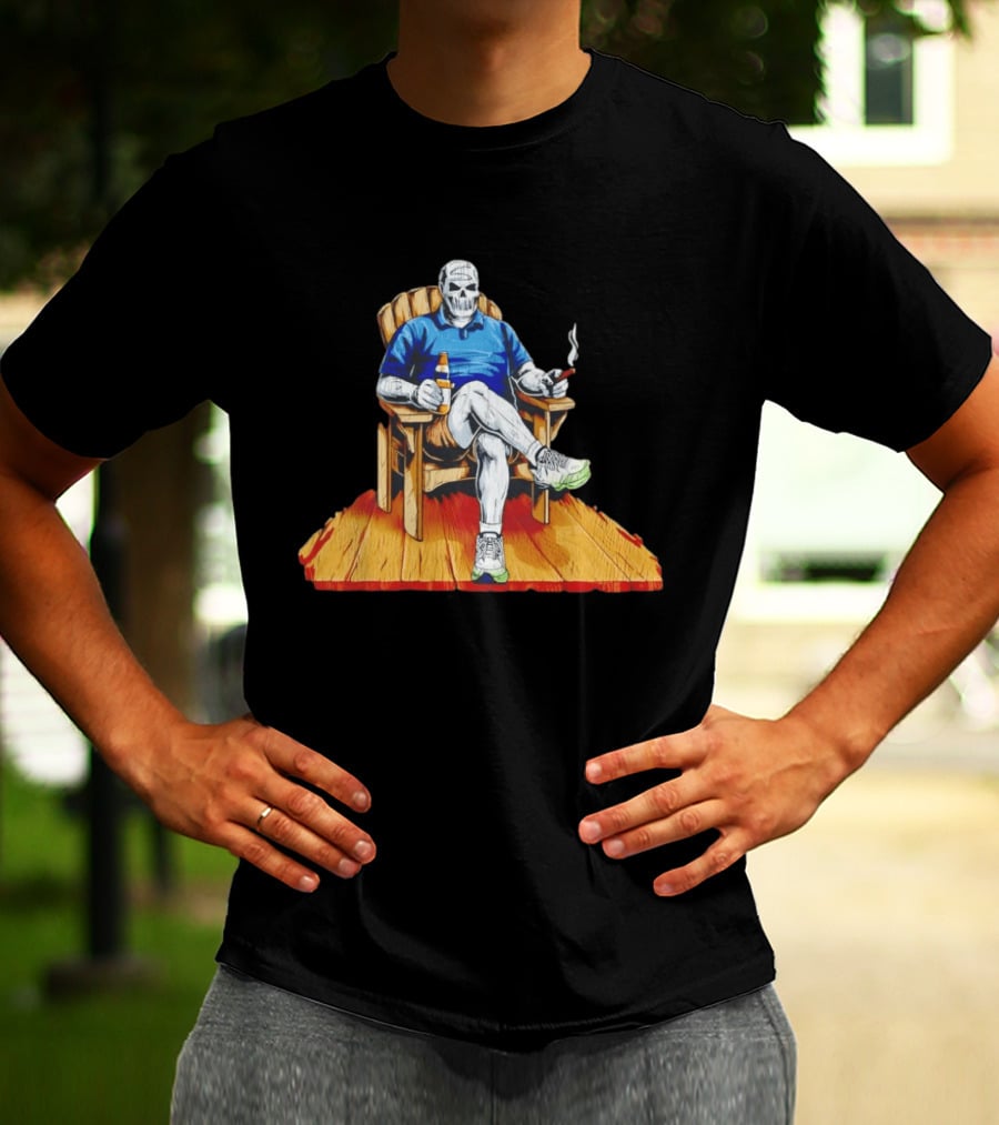 DarthBeards Skull Sitting In A Lawn Chair With Beer And Cigar T-Shirt