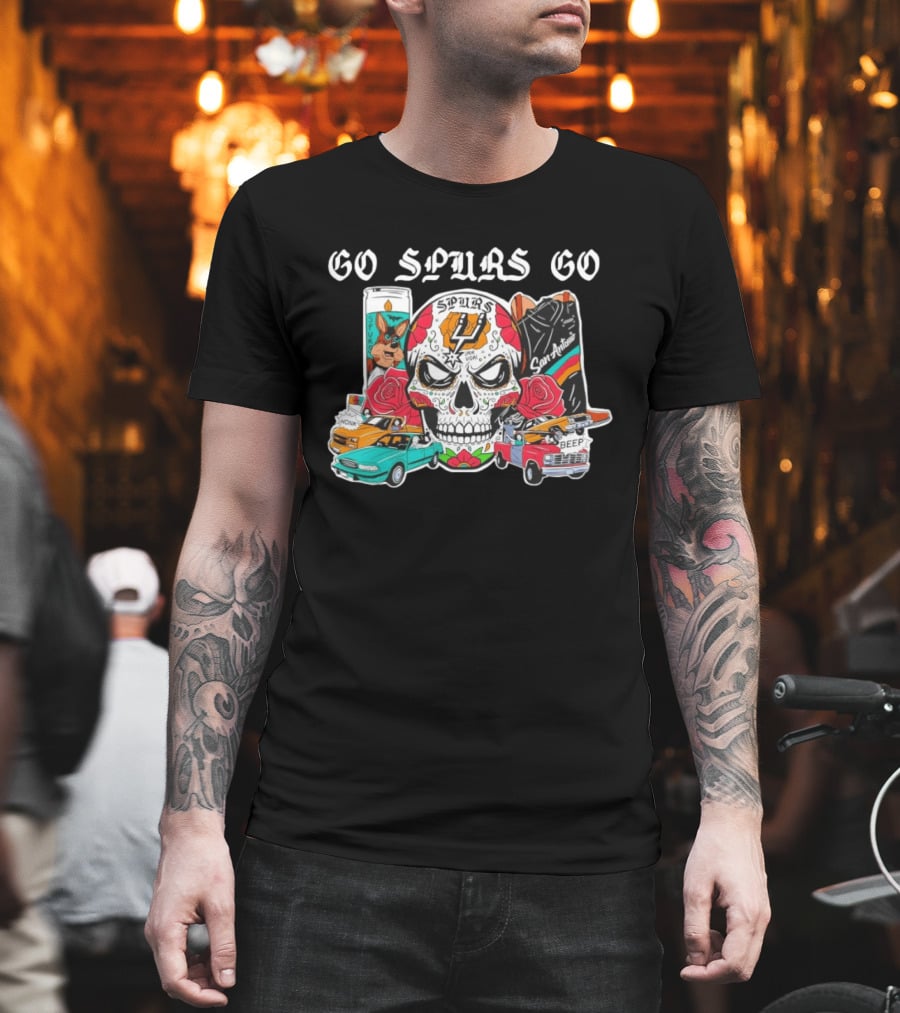 Go Spurs Go SAS Wemby Spurs The Alien Sugar Skull San Antonio Cars Roses T-Shirt