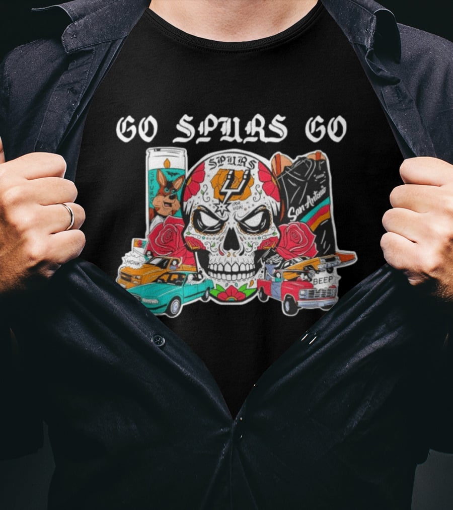 Go Spurs Go SAS Wemby Spurs The Alien Sugar Skull San Antonio Cars Roses T-Shirt