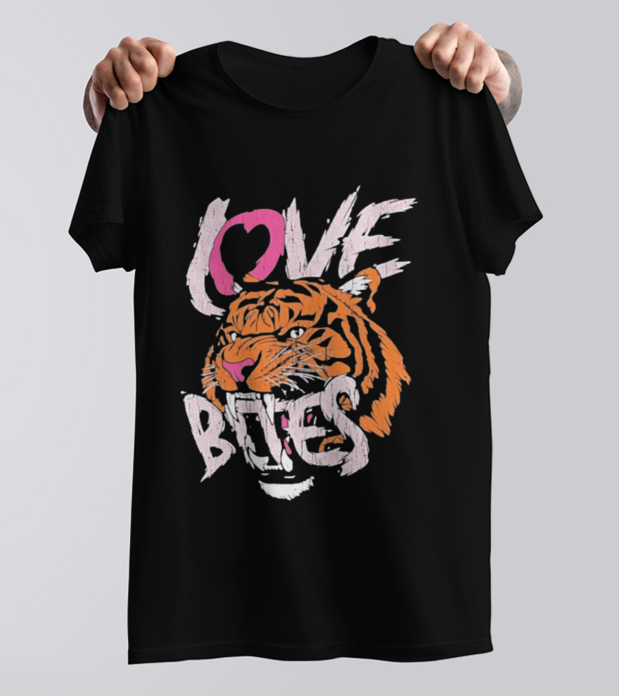 Love Bites Roaring Tiger Face Bold Pink And Orange T-Shirt