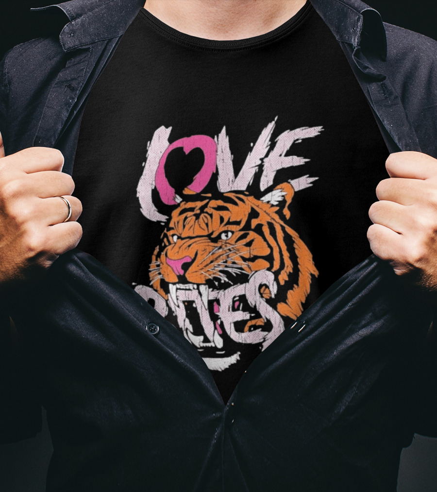 Love Bites Roaring Tiger Face Bold Pink And Orange T-Shirt