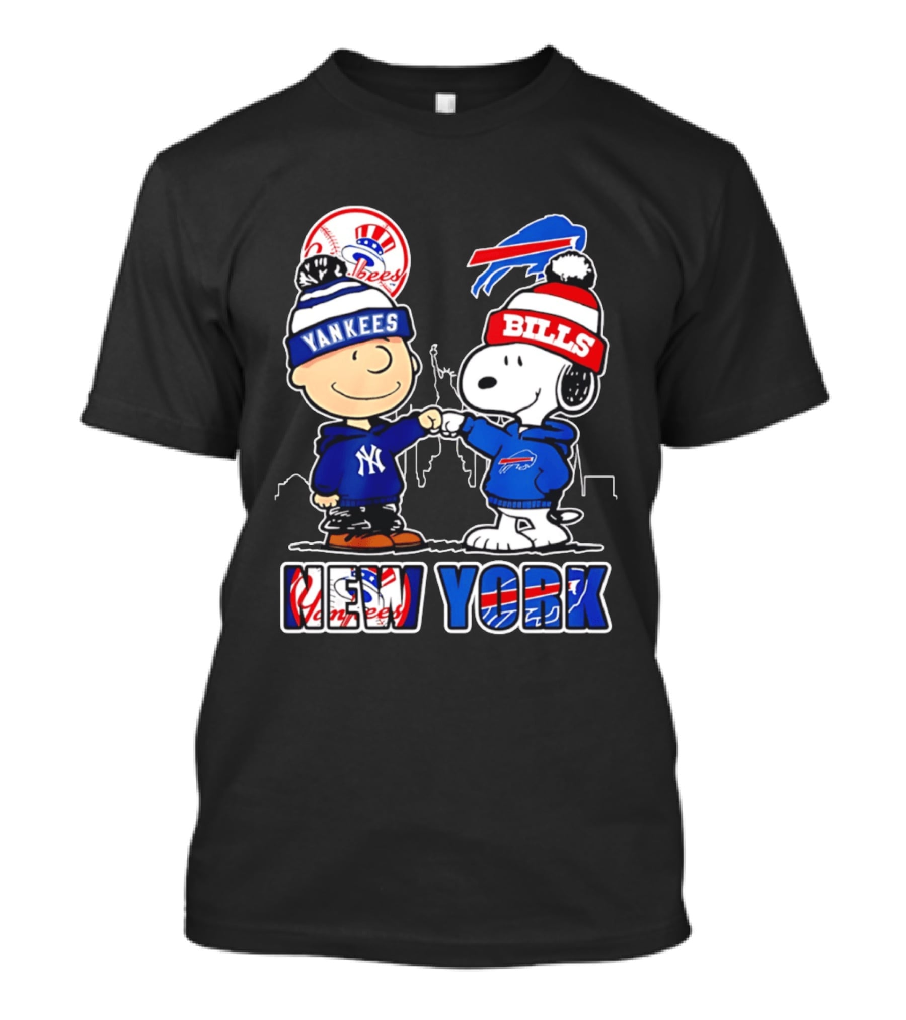 New York Yankees Buffalo Bills Charlie Brown Snoopy Fist Bump Skyline T-Shirt