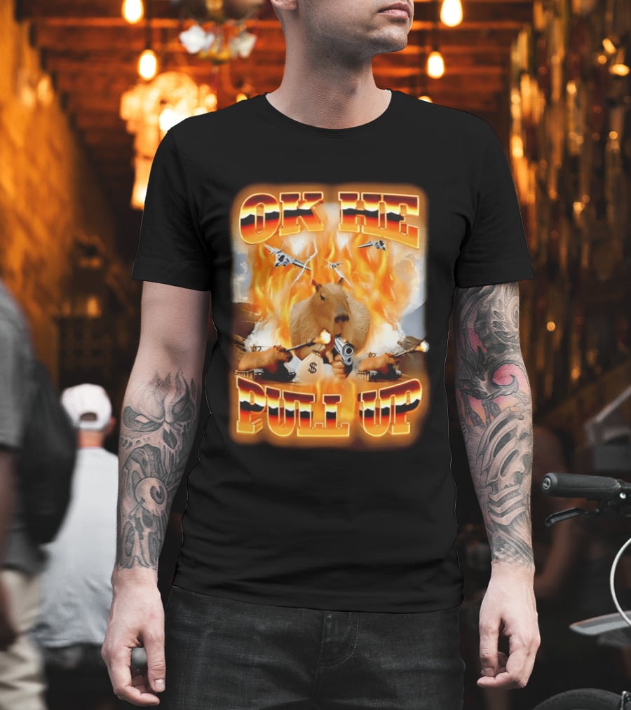 Ok He Pull Up Capybara Surrounded By Fire With Jets And Guns T-Shirt