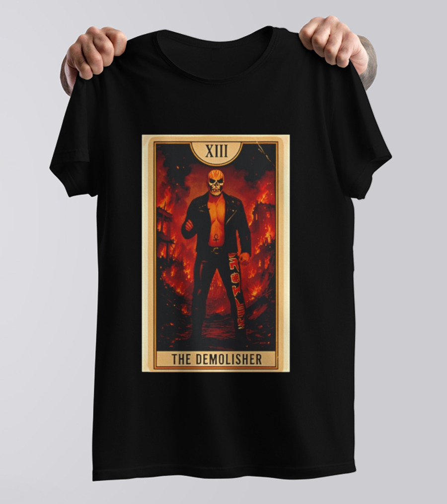 XIII The Demolisher Tarot Card Skull Masked Figure In Flames T-Shirt
