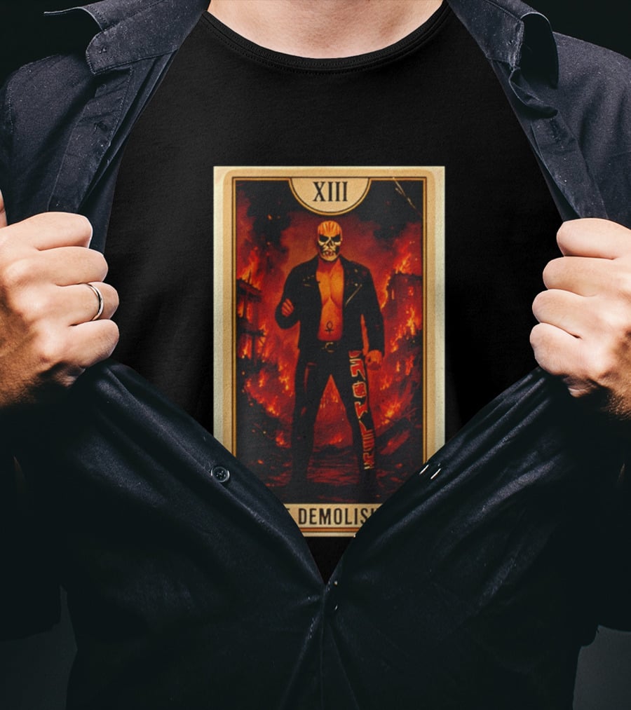 XIII The Demolisher Tarot Card Skull Masked Figure In Flames T-Shirt