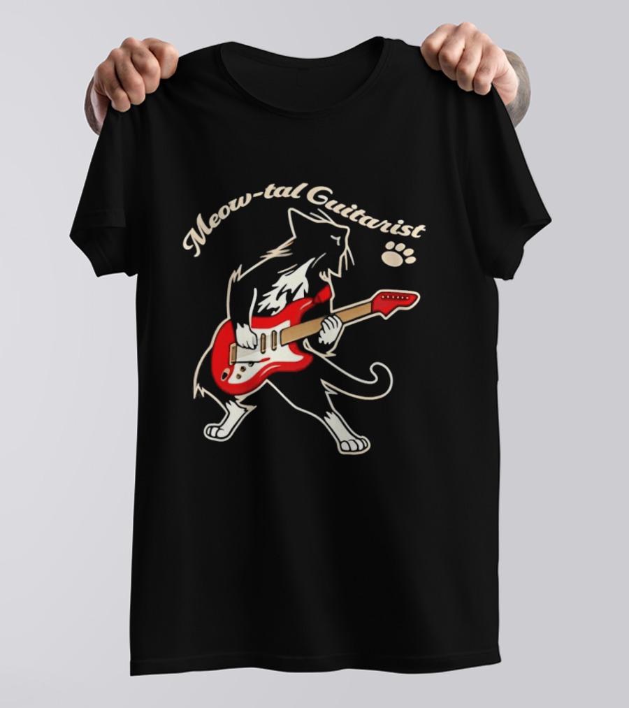 Meow Tal Guitarist Cat Playing Red Electric Guitar T-Shirt