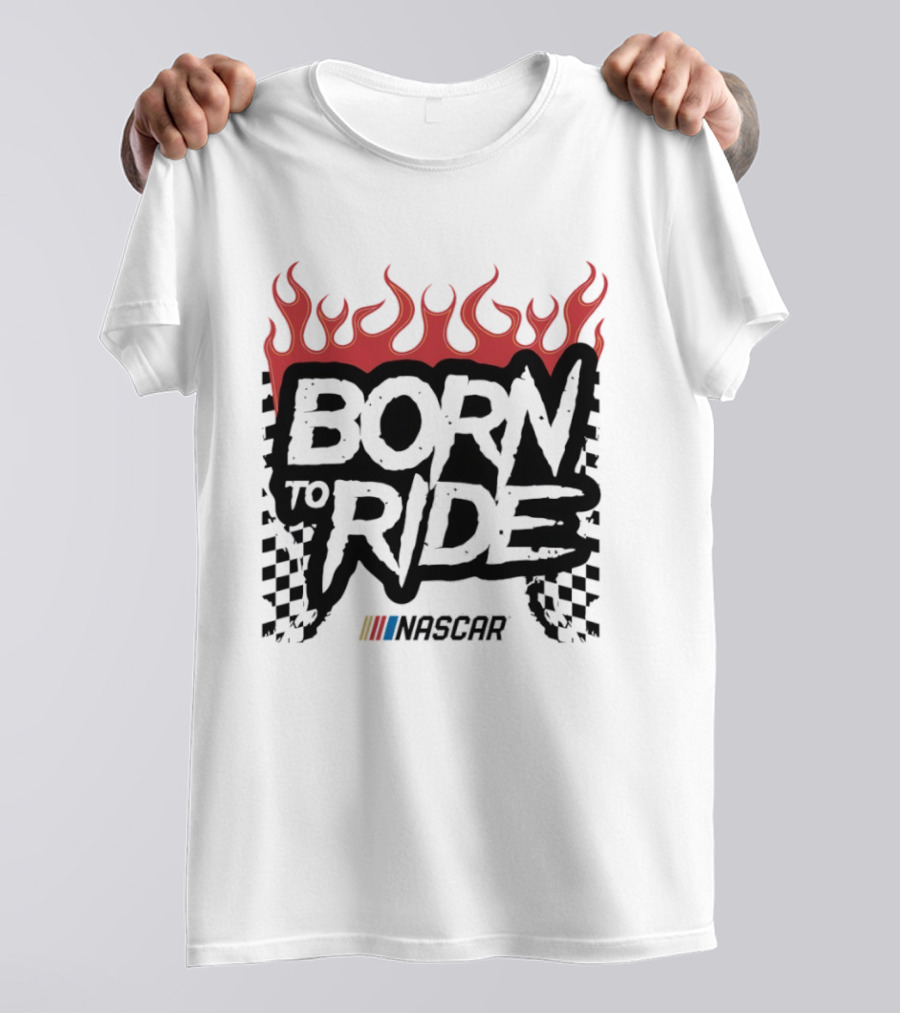 Born To Ride NASCAR Flames Checkered Flag Racing T-Shirt