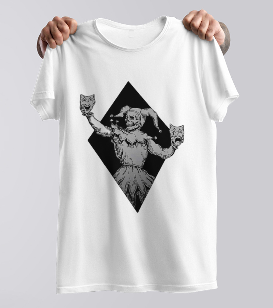 Skeleton Jester Holding Comedy And Tragedy Masks Medieval Gothic Costume T-Shirt