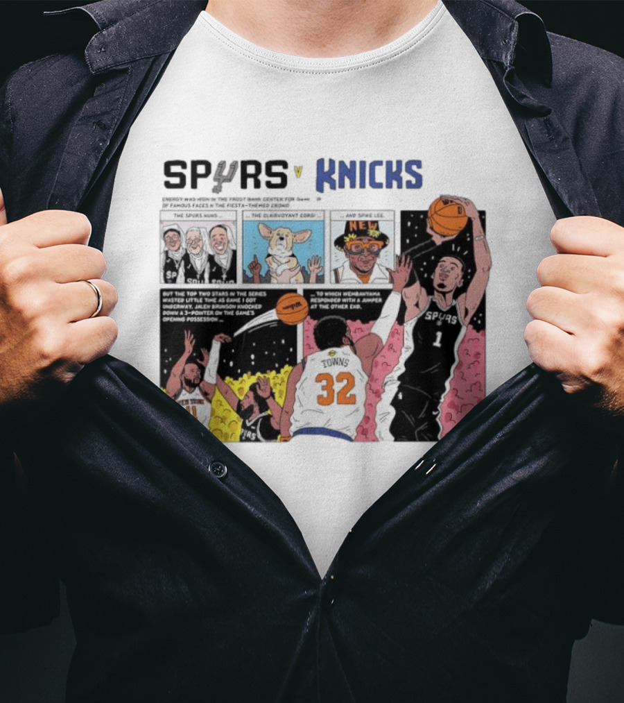 San Antonio Spurs V New York Knicks Comic Victor Wembanyama Jalen Brunson Karl Anthony Towns T-Shirt
