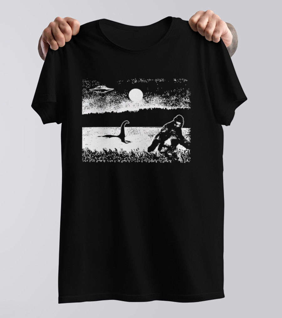 Bigfoot Nessie UFO Cryptid Creature Paranormal Mystery Nature Scene T-Shirt