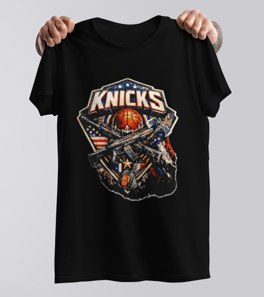 Knicks Basketball Rifles Badge American Flag Emblem NY Star T-Shirt