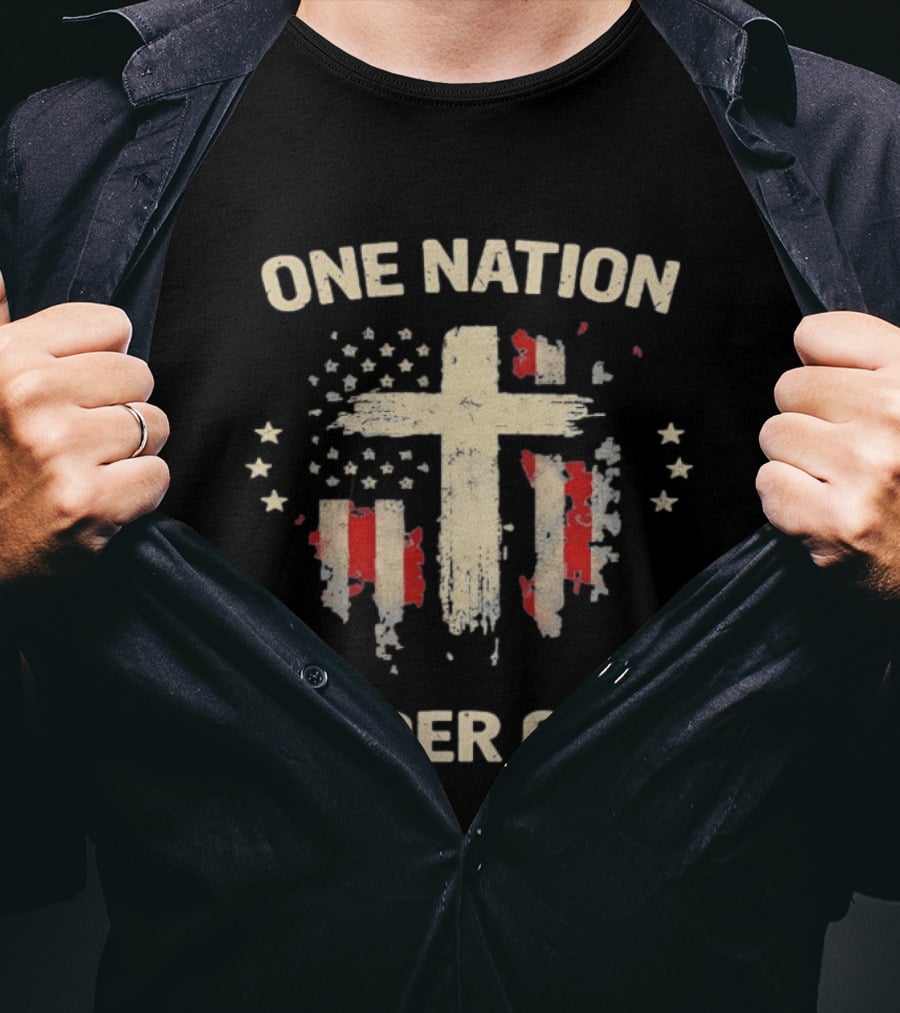 One Nation Under God Patriotic Cross American Flag Christian Faith T-Shirt