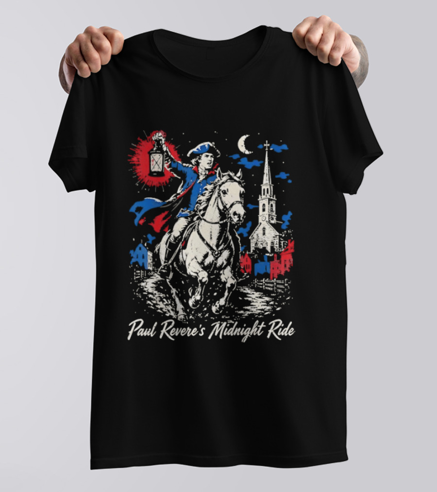 Paul Revere Midnight Ride American Revolutionary War Patriotic Historical Scene With Lantern And Church T-Shirt